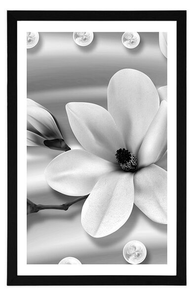 Plakat s paspartuom luksuzna magnolija s biserima u crno-bijelom dizajnu