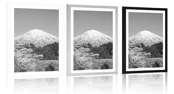 Plakat s paspartuom planina Fuji u crno-bijelom dizajnu