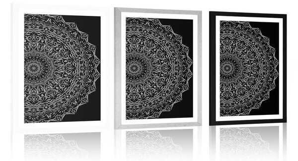 Plakat s paspartuom Mandala u vintage stilu u crno-bijelom dizajnu