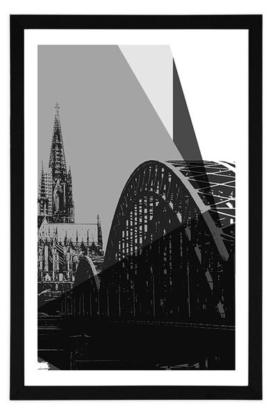 Plakat s paspartuom ilustracija grada Kölna u crno-bijelom dizajnu