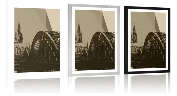Plakat s paspartuom ilustracija grada Kölna u sepijastom tonu
