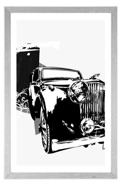 Plakat s paspartuom crno-bijeli retro automobil s apstrakcijom