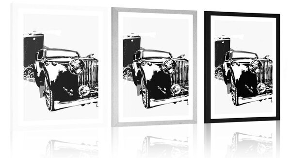 Plakat s paspartuom crno-bijeli retro automobil s apstrakcijom