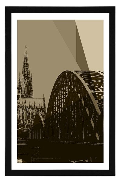 Plakat s paspartuom ilustracija grada Kölna u sepijastom tonu