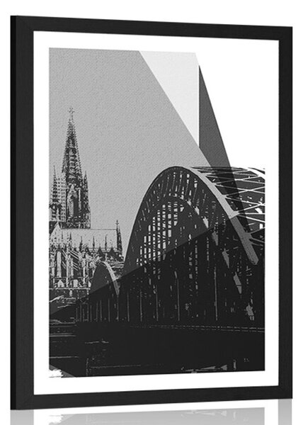 Plakat s paspartuom ilustracija grada Kölna u crno-bijelom dizajnu