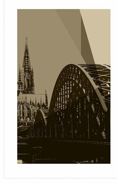 Plakat s paspartuom ilustracija grada Kölna u sepijastom tonu
