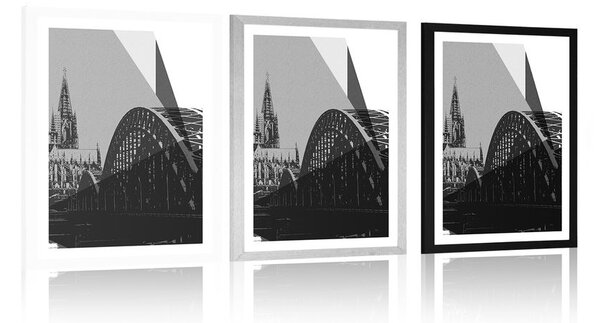 Plakat s paspartuom ilustracija grada Kölna u crno-bijelom dizajnu