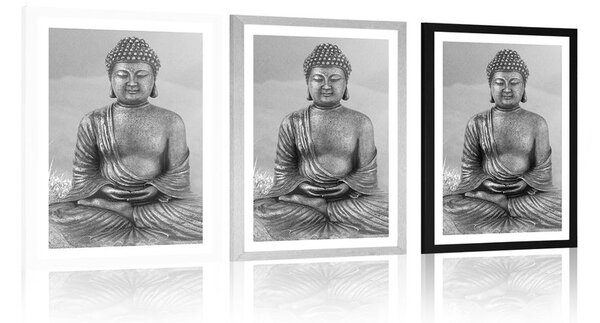 Plakat s paspartuom kip Buddhe u meditacijskom položaju u crno-bijelom dizajnu