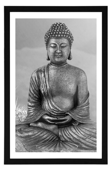 Plakat s paspartuom kip Buddhe u meditacijskom položaju u crno-bijelom dizajnu