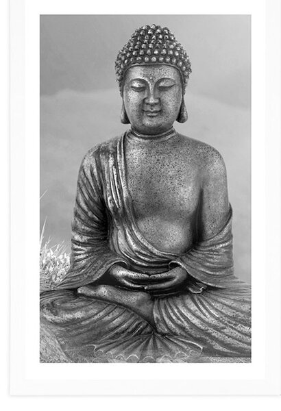 Plakat s paspartuom kip Buddhe u meditacijskom položaju u crno-bijelom dizajnu