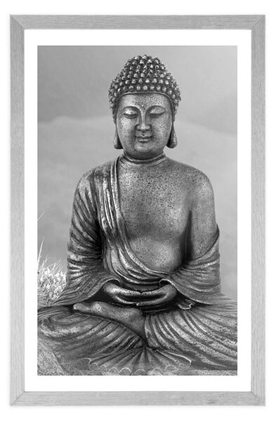 Plakat s paspartuom kip Buddhe u meditacijskom položaju u crno-bijelom dizajnu