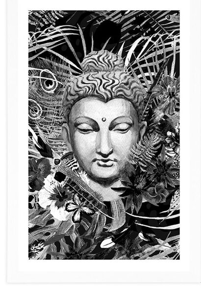 Plakat s paspartuom Buddha na egzotičnoj pozadini u crno-bijelom dizajnu