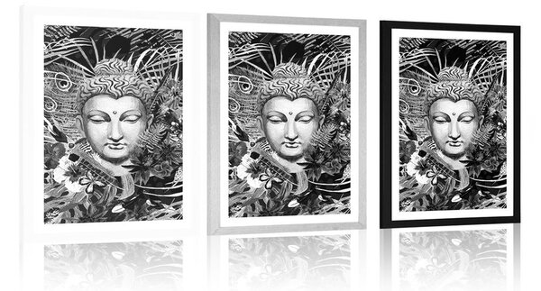 Plakat s paspartuom Buddha na egzotičnoj pozadini u crno-bijelom dizajnu