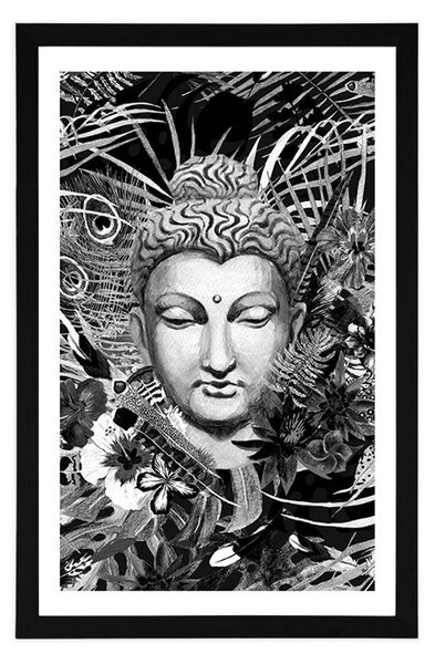 Plakat s paspartuom Buddha na egzotičnoj pozadini u crno-bijelom dizajnu