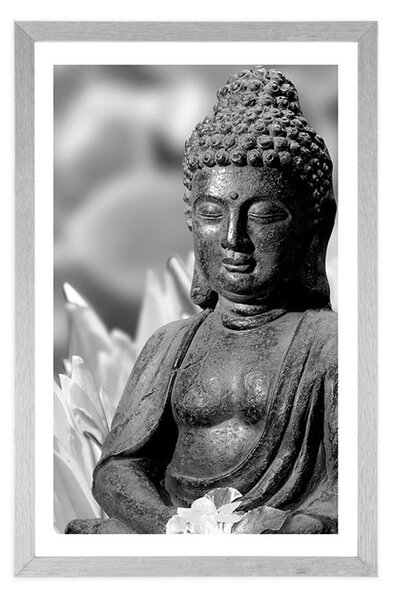 Plakat s paspartuom mirni Buddha u crno-bijelom dizajnu