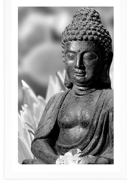 Plakat s paspartuom mirni Buddha u crno-bijelom dizajnu