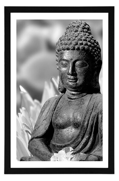 Plakat s paspartuom mirni Buddha u crno-bijelom dizajnu
