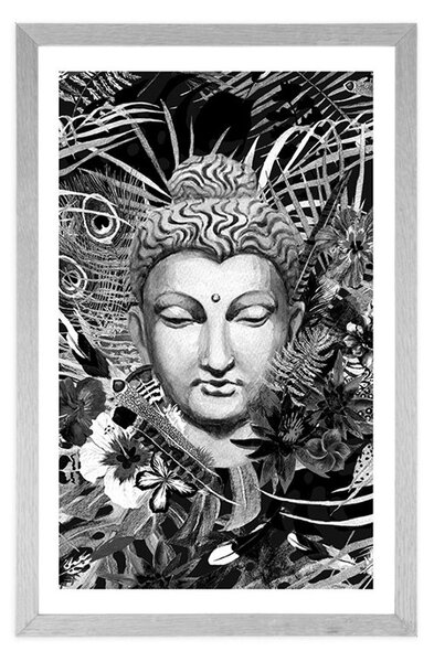 Plakat s paspartuom Buddha na egzotičnoj pozadini u crno-bijelom dizajnu
