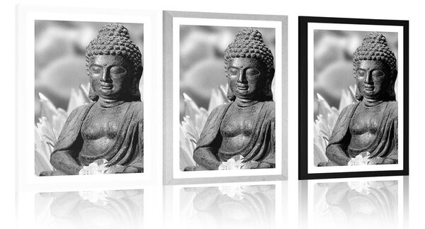 Plakat s paspartuom mirni Buddha u crno-bijelom dizajnu