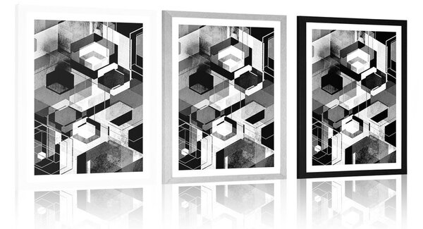 Plakat s paspartuom apstraktna geometrija u crno-bijelom dizajnu