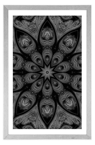 Plakat s paspartuom hipnotična Mandala u crno-bijelom dizajnu