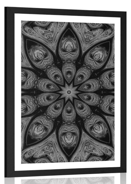 Plakat s paspartuom hipnotična Mandala u crno-bijelom dizajnu