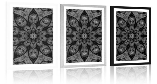 Plakat s paspartuom hipnotična Mandala u crno-bijelom dizajnu