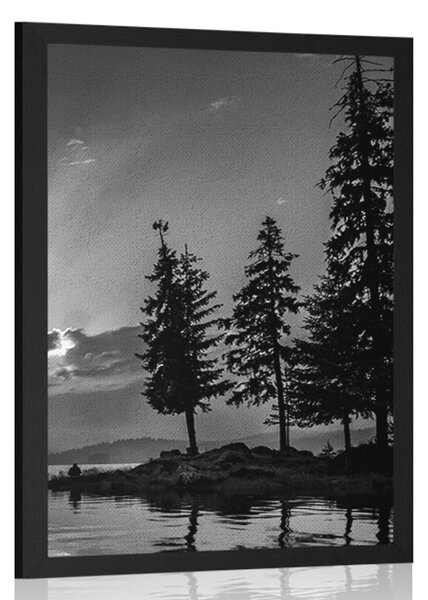 Plakat planinsko jezero u crno-bijelom dizajnu