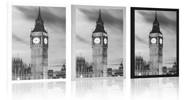 Plakat Big Ben u Londonu u crno-bijelom dizajnu