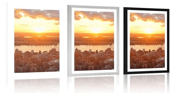 Plakat s paspartuom zalazak sunca iznad grada New Yorka