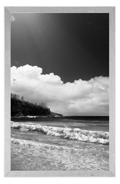 Plakat prekrasna plaža na otoku Sejšeli u crno-bijelom dizajnu