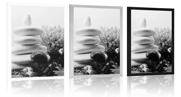 Plakat Zen kamenje sa školjkama u crno-bijelom dizajnu