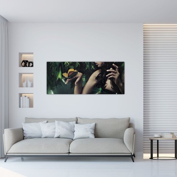 Slika graciozne ženske z metuljem (120x50 cm)