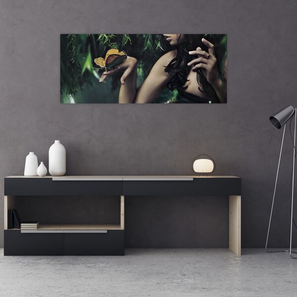 Slika graciozne ženske z metuljem (120x50 cm)