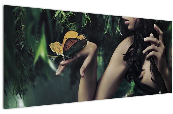 Slika graciozne ženske z metuljem (120x50 cm)