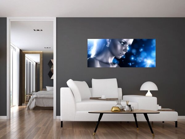 Slika ženske v modrih bleščicah (120x50 cm)