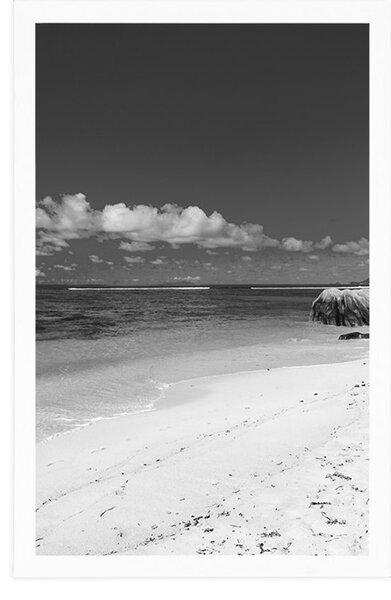 Plakat plaža Anse Source u crno-bijelom dizajnu