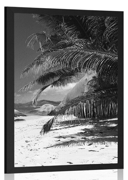 Plakat ljepote plaže Anse Source u crno-bijelom dizajnu