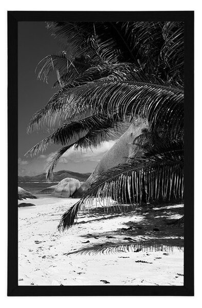 Plakat ljepote plaže Anse Source u crno-bijelom dizajnu