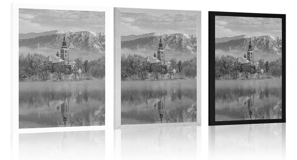 Plakat crkva kod jezera Bled u Sloveniji u crno-bijelom dizajnu