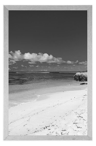 Plakat plaža Anse Source u crno-bijelom dizajnu
