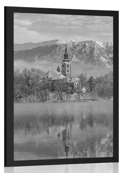 Plakat crkva kod jezera Bled u Sloveniji u crno-bijelom dizajnu