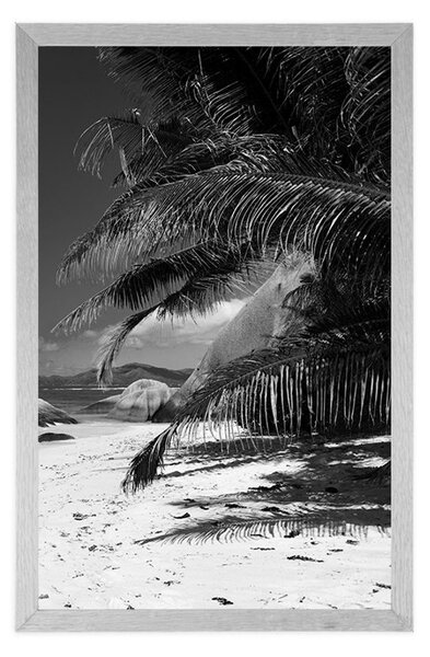 Plakat ljepote plaže Anse Source u crno-bijelom dizajnu