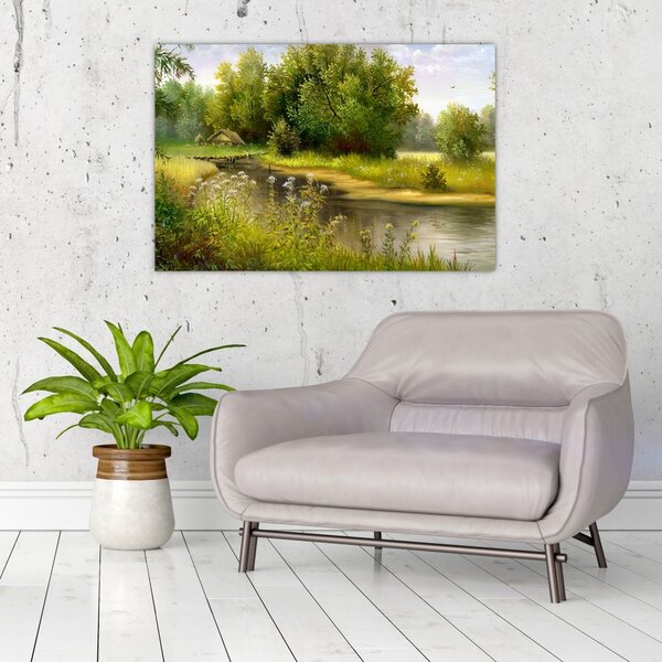 Slika - Reka ob gozdu, oljna slika (90x60 cm)