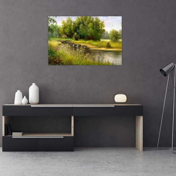 Slika - Reka ob gozdu, oljna slika (90x60 cm)