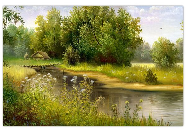 Slika - Reka ob gozdu, oljna slika (90x60 cm)