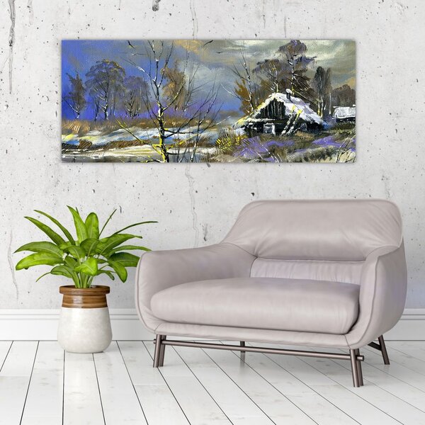 Slika koče v zimski pokrajini, oljna slika (120x50 cm)