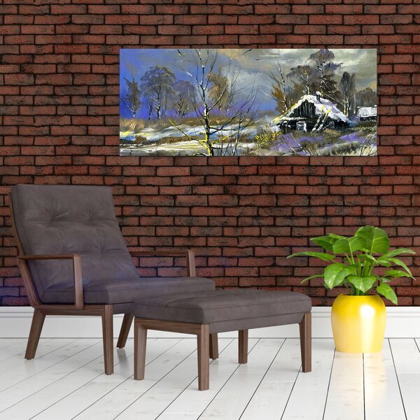 Slika koče v zimski pokrajini, oljna slika (120x50 cm)