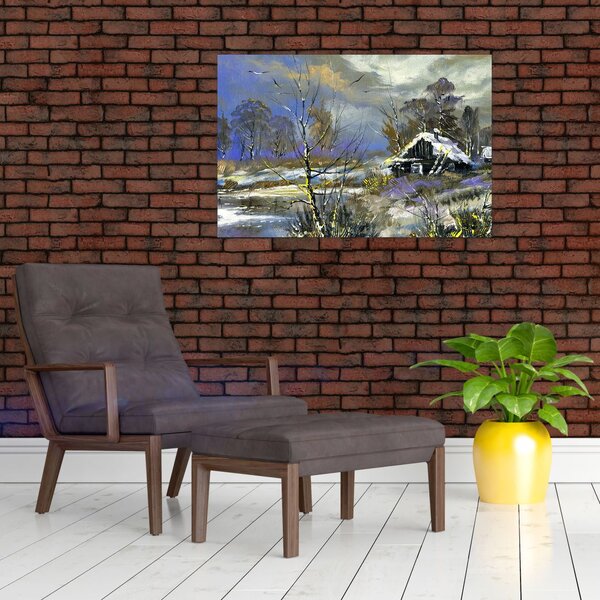 Slika koče v zimski pokrajini, oljna slika (90x60 cm)