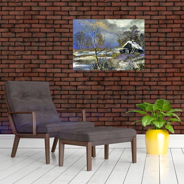 Slika koče v zimski pokrajini, oljna slika (70x50 cm)
